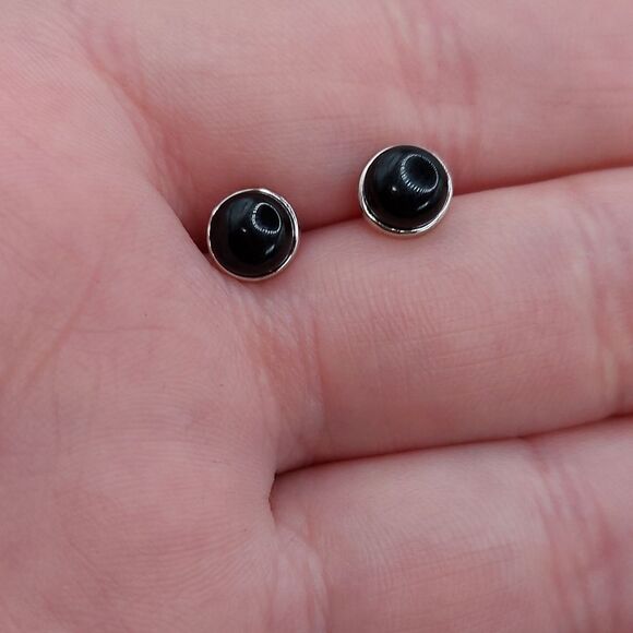 925 Sterling Silver Black Agate Stud Earrings - Picture 4 of 7